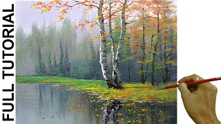 Acrylic Landscape Painting TUTORIAL  Birch Tree in Misty Forest  JMLisondra [upl. by Airemahs]