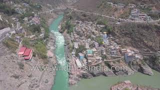 Bhagirathi river meets Alaknanda at Devprayag forms Ganga  Aerial view [upl. by Caffrey828]