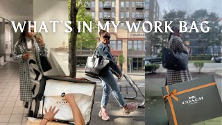 Whats in my Work Bag 2024  Coach Market Tote  A 95 work day vlog [upl. by Nomed34]