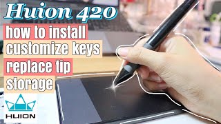 Huion420 Pen Tablet  Installation  custom keysbuttons  storage  replace tip ❤︎  emmy lou [upl. by Elocan]