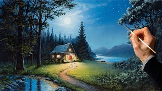 Oil Painting Landscape  Full Moon Summer  Satisfying Art  Easy Drawing Lessons  Relaxing [upl. by Ahsiloc]