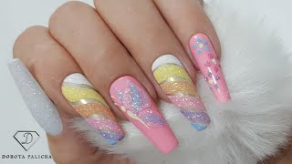 Butterfly nail art How to do sugar rainbow nail art with butterfly and flowers [upl. by Seaden312]