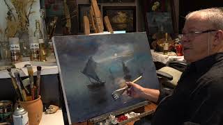 OIL PAINTING SEASCAPE TUTORIAL  Ships Under Moonlight [upl. by Nytnerb]