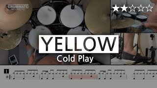 Lv04 Yellow  Cold Play ★★☆☆☆  Drum Cover Score Sheet Music Lessons Tutorial  DRUMMATE [upl. by Nossila]