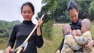 single motherwith two twin childrenchopping bamboo to make a new bedcooking with her two children [upl. by Cecilius]