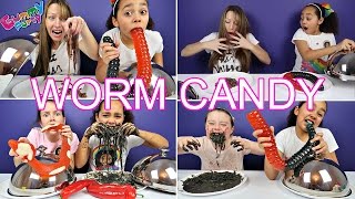 Toys AndMe  Giant Gummy Worm Candy Challenge VS Super Gross Real Food WARHEADS [upl. by Roxie]