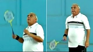 Chief Minister Bhupinder Singh Hooda plays badminton as Haryana votes [upl. by Connell]