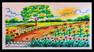 How to draw a Garden scenery step by step tutorial easy  Oil Pastel Color art lesson  Easy drawing [upl. by Janna]