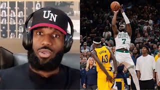 LeBron’s Reaction to Jaylen Brown INSANE 3 to force OT in Game 1 vs Pacers [upl. by Aneral]