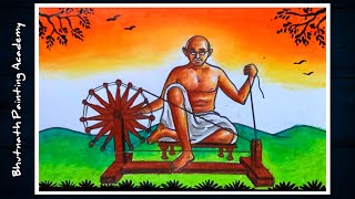 mahatma gandhi with charkha drawingGandhiji fullbody drawing [upl. by Cordula]