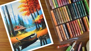 Oil Pastel Landscape Drawing  step by step  Forest cabin scenery Painting with Oil Pastel [upl. by Kathlin]