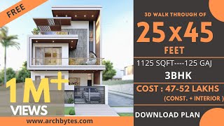 25x45 House Design 3D  1125 Sqft  125 Gaj  3 BHK  Modern Design  Terrace Garden  8x14 Meters [upl. by Sharos]