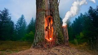 Building a Warm Secret Shelter deep inside a great OAK tree Clay oven [upl. by Ahsema]