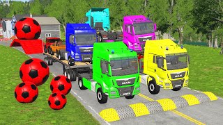 Double Flatbed Trailer Truck vs Speedbumps Train vs Cars  Tractor vs Train BeamngDrive 002 [upl. by Spindell]