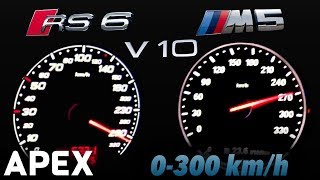 Audi RS6 V10 vs BMW M5 F10  Acceleration Sound 0100 0300 kmh  APEX [upl. by Eidnalem927]