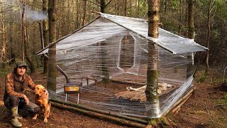 Building a Woodland Cabin with Plastic Wrap  Wood Stove  Survival Project  Bushcraft Shelter [upl. by Hayikat109]