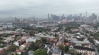 Drone over Glebe on a rainy Wednesday morning Sydney New South Wales Australia Cloudy CBD city [upl. by Afatsum]