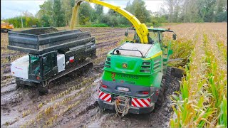 Maize harvest in the Mud  Modderen in mais  JD 8600i on Tracks amp Prinoth Panther rotating dumpers [upl. by Romina236]