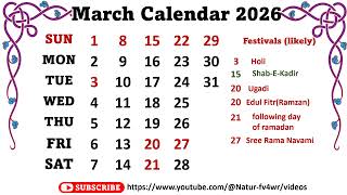 March Calendar 2026 marchcalender2026 [upl. by Eilis]