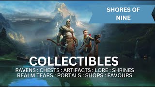 God of War  Shores of Nine All Collectible Locations Ravens Chests Artefacts Shrines  100 [upl. by Marteena]