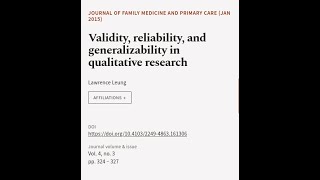 Validity reliability and generalizability in qualitative research  RTCLTV [upl. by Asilanom]