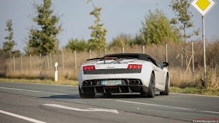 2x Lamborghini Gallardo LP5704 Spyder Performante  Powerslides LOUD Accelerations amp Drag Races [upl. by Hildegaard]