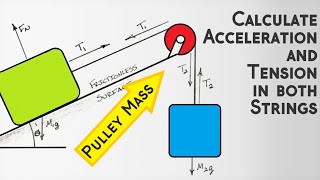 Two Blocks Connected by String and a Pulley With Mass  Find Acceleration and String Tension [upl. by Ardnaik]