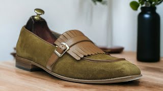 Mens Handmade Fringe Loafer Slip Ons Suede Madrid Strap Suede Shoes [upl. by Ociral205]