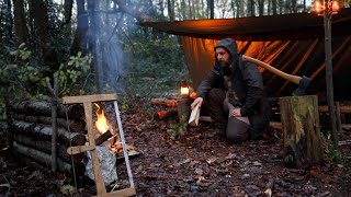 Solo Bushcraft Camp under fallen tree  Too Much Rain [upl. by Ettennaj74]