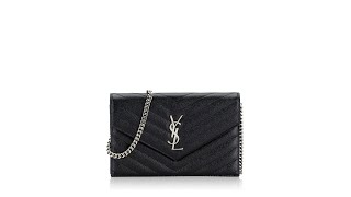 Saint Laurent Grain De Poudre Matelasse Monogram Envelope 19cm Chain Wallet Black [upl. by Lemrahs]