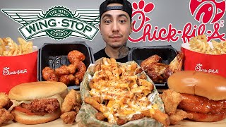 MUKBANG EATING Chick Fil A Deluxe Sandwich SAUCY Voodoo Fries Wingstop Mango Habanero Sandwich [upl. by Derril]