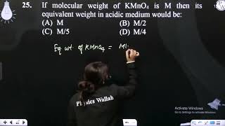 If molecular weight of KMnO4 is M then its equivalent weight in acidic medium would be [upl. by Thaddus]