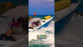 Scarab boat caught in the breaking waves at Boca Inlet  Wavy Boats [upl. by Carolyn]