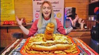 The 3 Foot Long Hot Dog Platter Challenge  As Seen on Man V Food [upl. by Akeimahs996]