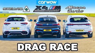 BMW X4M v Porsche Macan Turbo v Alfa Stelvio QV DRAG RACE [upl. by Idnat]