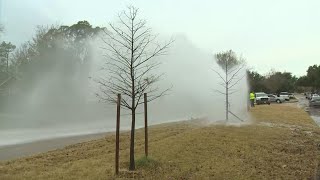 Crew shuts down water main break in NW Houston from alleged car crash [upl. by Adnuahsor]