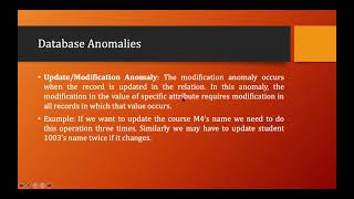 Anomalies in the DBMS  Lecture  24 [upl. by Marabel]