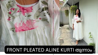 Navaratri series Day5 white 🤍 front pleated aline kurti cutting and stitching tutorial malayalam [upl. by Idnyc]