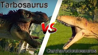 Tarbosaurus vs Carcharodontosaurus  Jurassic World  Jurassic World Evolution 2  Dinosaur fight 2 [upl. by Fotinas750]