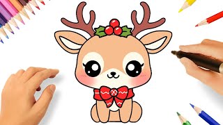 CÓMO DIBUJAR UN RENO DE NAVIDAD KAWAII 🦌🎄 DIBUJOS DE NAVIDAD [upl. by Aloiv925]