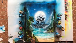 Pirate ship Spray paint art on canvas painting [upl. by Fredrick]