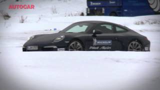 Winter tyre test  for sports cars Porsche 911 tests by wwwautocarcouk [upl. by Novyad]