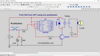 One pushbutton on off relay switch circuit  ONOFF using single push button switch simulation [upl. by Plante214]