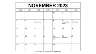 Printable November 2023 Calendar Templates With Holidays  Wiki Calendar [upl. by Misa]