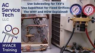 Why use Subcooling for TXVs amp Superheat for Fixed Orifices Refrigerant Charging [upl. by Carnahan249]