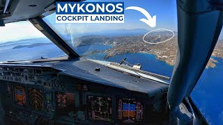 Boeing 737800 Shortfield Cockpit Landing at MYKONOS Greece  Runway on a Hill  Pilot View 4K [upl. by Sicnarf]