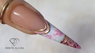 Sculpting stiletto nails with fiber gel Porcelain effect nail art One stroke flowers and gold foil [upl. by Eelyr342]