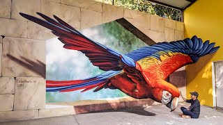 Street Artist Paints a JawDropping 3D Wall Mural of a Parrot  WooGlobe [upl. by Adiel446]