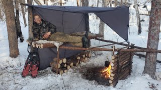 Winter Camping in Raised Bushcraft Shelter  Level 100 Campfire Cooking [upl. by Atilahs976]