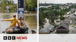 ‘Floating landmines’ warning as Ukrainians flee dam disaster  BBC News [upl. by Dael]